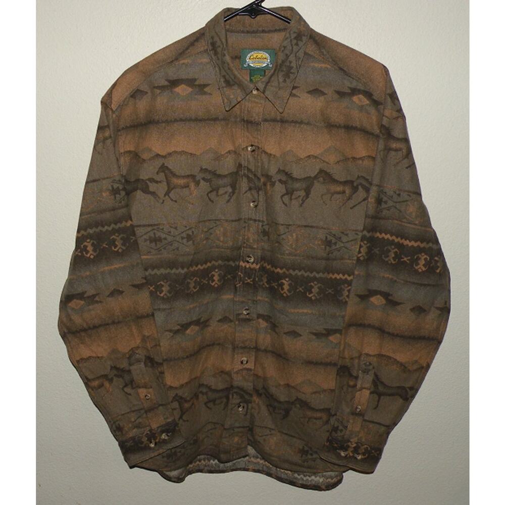 Cabela’s Women’s Large LS Button Flannel Shirt Brown Southwestern Aztec Horses